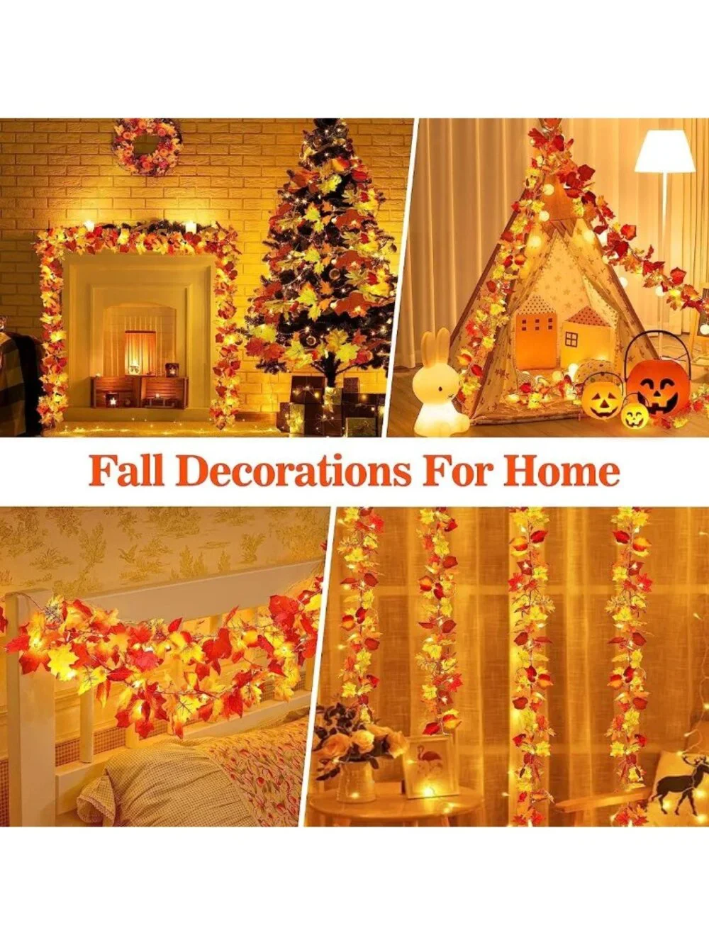 2Pcs Fall Maple Leaves Garland with Timer & Lights - Autumn Thanksgiving Decor